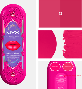 Fuksjowy zestaw do ust NYX Bridgerton, ozdobne opakowanie z czerwonymi ustami. Pokazany swatch odcienia 03.