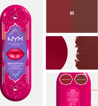 Zestaw NYX Bridgerton Lip Kit: różowe, zdobione opakowanie z motywem ust, obok swatche czerwonych odcieni pomadki.