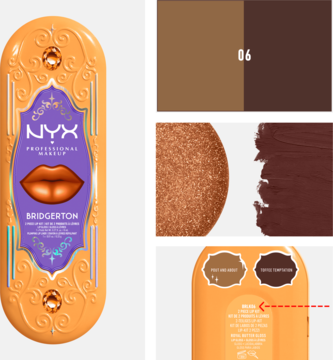 NYX Bridgerton Royal Treasures Lip Kit 06: ozdobne opakowanie, wzorniki jasnego i ciemnego brązu, detale produktu.