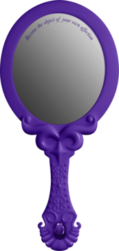 Fioletowe, ozdobne lusterko Bridgerton z tekstem 'Become the object of your own affection' na lustrze, widok z przodu.