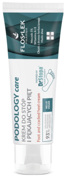 Flos-Lek Podology Care krem do stóp i pięt. Biała tubka z zieloną górą, napis "Foot and cracked heel cream", pionowo.