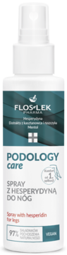 Biały spray Flos-Lek Podology Care z hesperydyną do nóg, z zielono-białą etykietą, widok z przodu.