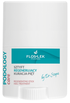 Flos-Lek Pharma Podology Care, biały sztyft regenerujący do pięt, z turkusową etykietą, widok z przodu.