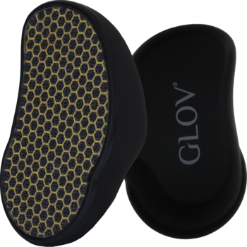 Dwa czarne pumeksy GLOV Nano Glass. Jeden z laserową, złotą siatką 3D, drugi z logo GLOV, widok z góry.