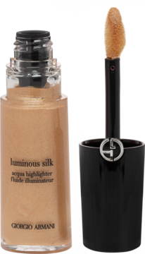 Giorgio Armani Luminous Silk acqua highlighter, złoty płyn w szklanej butelce, obok aplikator.