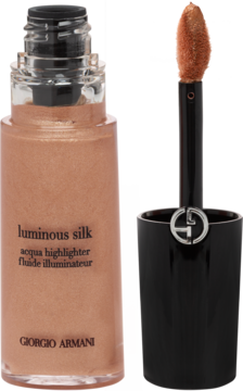 Giorgio Armani Luminous Silk Acqua Highlighter, szklana butelka i aplikator, płynny rozświetlacz w odcieniu brązu.
