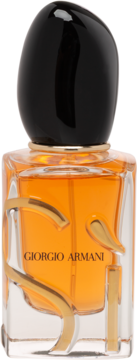 Giorgio Armani perfumy w przezroczystej butelce z pomarańczowym płynem, złotym logo 'S' i czarną nakrętką, widok z przodu.