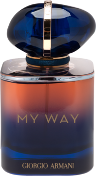 Perfumy damskie Giorgio Armani My Way, butelka z gradientem granat-pomarańcz, ze złotą obwódką, widok z przodu.