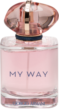 Różowy perfum Giorgio Armani My Way w szklanej butelce z fasetowanym korkiem, widok z przodu.