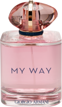 Perfumy Giorgio Armani MY WAY, szklana butelka z różowym płynem i fasetowanym korkiem w odcieniu różowego złota, przód.