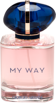 Damska woda perfumowana Giorgio Armani My Way. Różowy flakon z niebieską nakrętką i złotym detalem, widok z przodu.