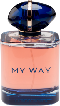 Perfumy My Way Giorgio Armani w różowej butelce z grubego szkła z granatową, fasetowaną nakrętką, widok z przodu.