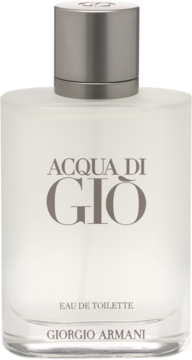 Acqua di Gio Giorgio Armani, woda toaletowa dla mężczyzn, matowa szklana butelka, srebrna nakrętka, widok z przodu.