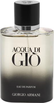Acqua di Giò Eau de Parfum Giorgio Armani. Przezroczysty flakon perfum z czarnym gradientem i nakrętką.