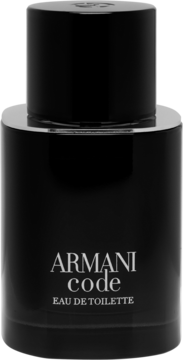Czarna, matowa butelka Armani Code Eau de Toilette z białym logo i srebrnym kołnierzem, frontalne ujęcie.