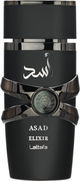 Matowy czarny flakon perfum Lattafa Asad Elixir z ozdobnymi metalowymi elementami i arabskim napisem, widok z przodu.