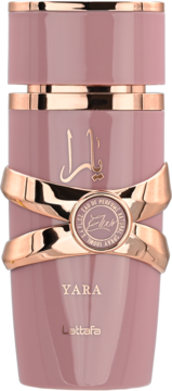 Flakon perfum Lattafa Yara w pudrowym różu, kształt klepsydry, z rose gold wstążkami i napisem, widok z przodu.