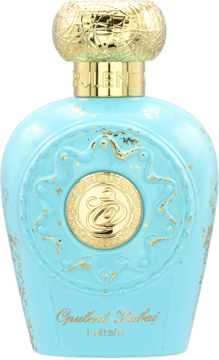Orientalne perfumy Opulent Dubai Lattafa, turkusowa butelka ze złotym zdobieniem, widok z przodu.