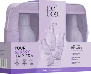 Fioletowo-biały zestaw NEBOA Glossy Hair Era z miniaturami szamponu, odżywki i sprayu do włosów w kosmetyczce.