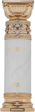 Perfumy Grecia French Avenue w białej, marmurowej butelce ze złotymi, kolumnowymi zdobieniami i kryształami. Widok z przodu.