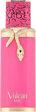 Perfumy Vulcan Baie, różowa butelka ze złotym wężem i wzorzystym korkiem, widok z przodu.