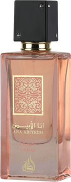 Perfumy Ana Abiyedh Coral Lattafa: prostokątna butelka, koralowy płyn, czarna kwadratowa zakrętka, złota etykieta.