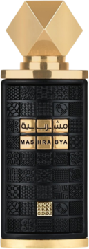 Mashrabya Lattafa, czarny flakon orientalnej waniliowej wody perfumowanej. Geometryczny wzór, złota fasetowana nakrętka.