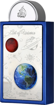 Art of Universe Lattafa, niebieski flakon perfum z grawerowaną srebrną płytką kosmosu i planetami, widok z przodu.