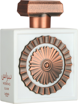 Lattafa Pride Nebras Elixir, biała butelka z miedzianym korkiem i ozdobnym medalionem, widok z przodu.