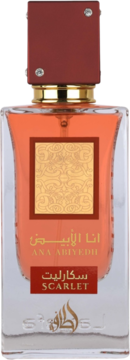 Lattafa Ana Abiyedh Scarlet, perfumy w szklanej butelce z czerwoną cieczą, bordową nakrętką i złotymi detalami.