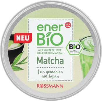 Nowa okrągła puszka enerBiO Matcha Rossmann BIO, drobno mielona z Japonii, zielono-biała etykieta, widok z góry.