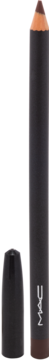 MAC cosmetic pencil, dark brown sharpened tip, black body, shown open with detached cap on black background.