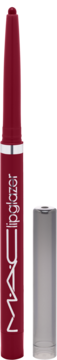 Bordowa kredka do ust MAC Lipglazer z srebrnym napisem na opakowaniu, obok leży srebrna nakładka. Widok z przodu.