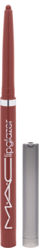 Czerwonobrązowy błyszczyk w sztyfcie MAC Lipglazer, otwarty, ze srebrnym napisem i zatyczką obok, pionowo.