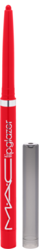 Czerwony MAC Liplazer w połyskującej, cylindrycznej tubie ze srebrnym logo i osobno leżącą półprzezroczystą nakrętką.