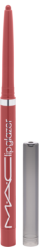 Koralowy błyszczyk w sztyfcie MAC Lipglazer z odkręconą srebrną nakrętką obok, widok z przodu.