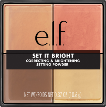 Z przodu: kwadratowy kompakt ELF SET IT BRIGHT CORRECTING & BRIGHTENING SETTING POWDER z czterema pudrowymi odcieniami.