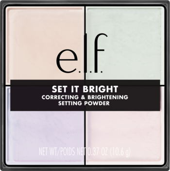 e.l.f. Set It Bright Correcting & Brightening Setting Powder w czarnym opakowaniu, 4 kolory, widok z góry.