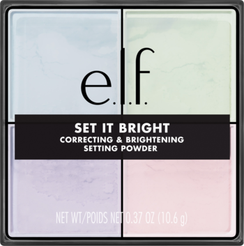 elf Set It Bright Setting Powder w czarnym kompakcie, cztery pudry w jasnych kolorach: białym, zielonym, fioletowym i różowym.