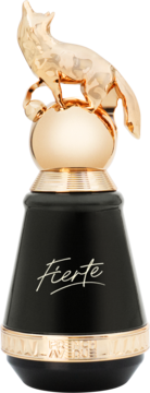 Czarny flakon perfum Fierte ze złotym korkiem w kształcie teksturowanego lisa, widok z przodu.