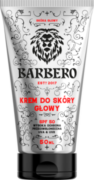 Srebrna tuba Barbero krem do skóry głowy SPF 50, czarna nakrętka, logo lwa i czerwony napis, widok z przodu.