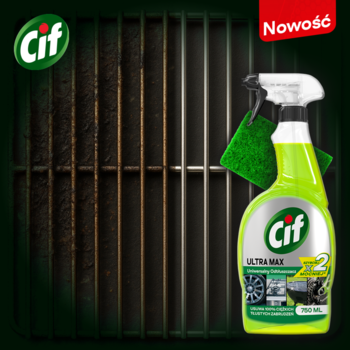Nowy Cif Ultra Max Green, zielony odtłuszczacz w sprayu z gąbką, na tle metalowego, brudnego rusztu grilla.