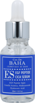 Cos De BAHA EGF Peptide Cica Serum, rewitalizujące serum, szklana butelka z niebieską etykietą i pipetą, widok z przodu.