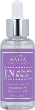 Cos De BAHA TN rozjaśniające serum (kwas traneksamowy, niacynamid), przezroczysta butelka z fioletową etykietą.