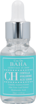 Cos De BAHA Centella Hyaluronic Acid Serum w szklanej butelce z kroplomierzem, widok z przodu.