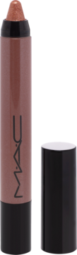 Błyszcząca brązowo-złota kredka do ust MAC z widocznym logotypem, stojąca obok otwartej zatyczki.