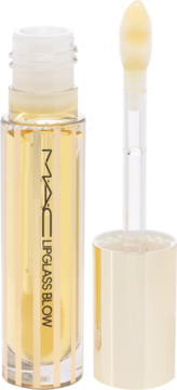 Błyszczyk MAC Lipglass Blow w butelce ze złotymi paskami, z aplikatorem i płynem w kolorze złota.
