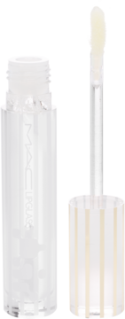 MAC Lipglass w przezroczystej butelce, z wysuniętym aplikatorem, ukazującym jasny błyszczyk. Widok z boku.