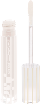 Przezroczysty MAC Lipglass z wyciągniętym aplikatorem, białe logo i wzór na butelce, widok z przodu.