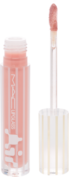 Błyszczyk MAC Lipglass, delikatnie brzoskwiniowy, otwarta tubka w paski z wyciągniętym aplikatorem z produktem, widok z przodu.